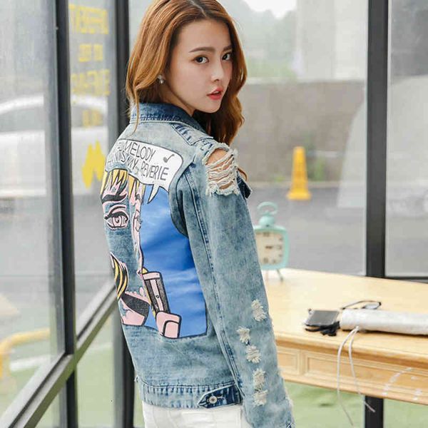 

vintage funny print jean women outerwear ripped hole long sleeve bomber jackets casual spring autumn short denim jacket, Black;brown