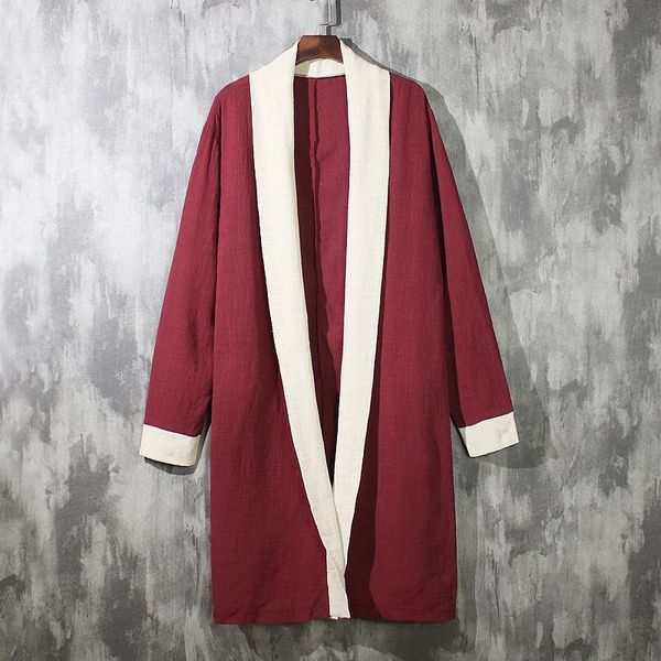 

ethnic clothing summer chinese style retro linen sunscreen men's trench coat outerwear cotton kimono vintage cloak cape men cardigan, Red