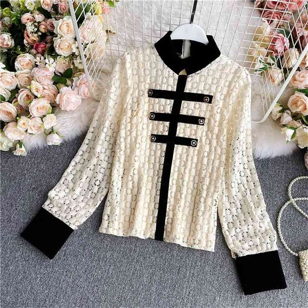 

french retro color matching hollow hedging stand collar lace shirt women spring and autumn temperament long sleeve uk076 210507, White