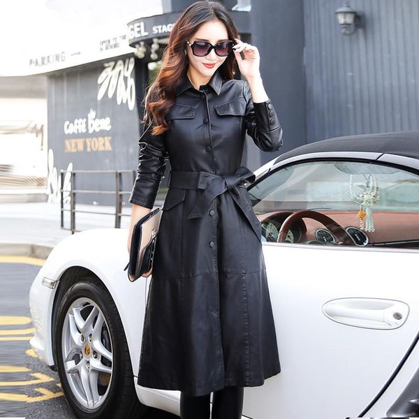 

women's leather & faux 2021 fashion women long jacket ladies elegant washed pu coats trench female outerwear with belted plus size, Black