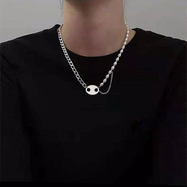 

chains 1 pc pearl pig nose necklace vintage punk titanium steel chain personality street ins style clavicle fashion jewelry, Silver