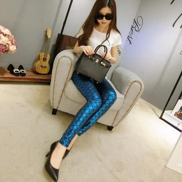 

women's leggings colorful fish scales printed slim and seamless pants high waist elastic buttocks fitness, Black