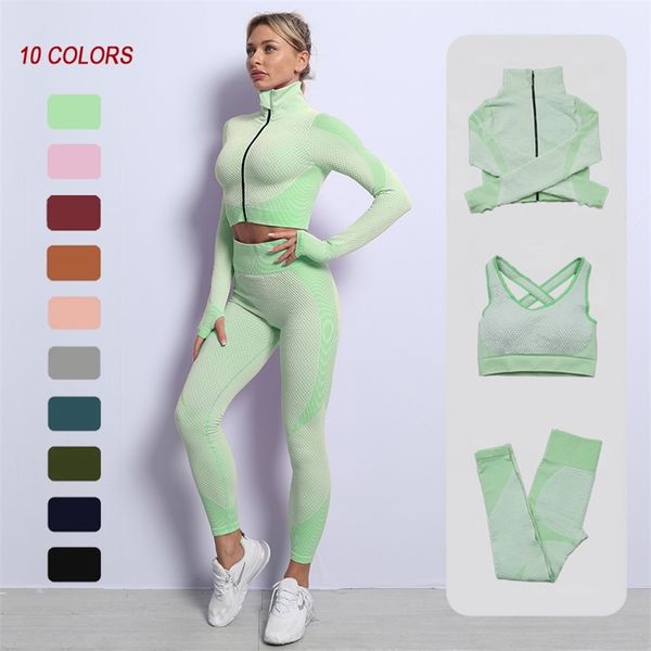 

colors seamless sport yoga suit women gym clothes athletic wear fitness pants sports bra crop long sleeve workout set 210802, Gray