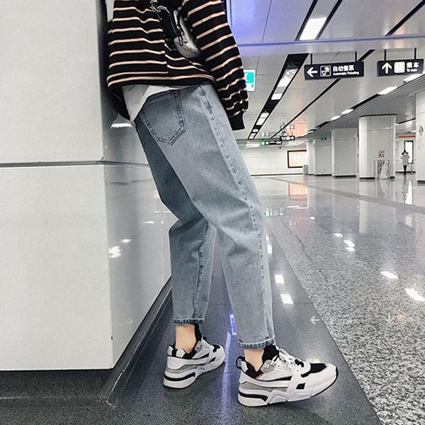 

ins plus size jeans men hip hop streetwear joggers ankle length denim cargo pants loose korean harem trousers sweatpants men's, Blue