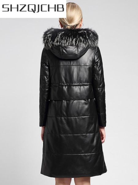 

women's leather & faux jchb raccoon dog fur sheepskin down coat streetwear real genuine jacket autumn winter women clothes 2021 vintage, Black