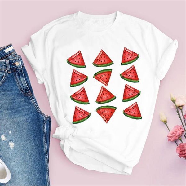 

graphic cartoon watermelon fruit womens sweet short sleeve printed tees clothing female t shirt, White