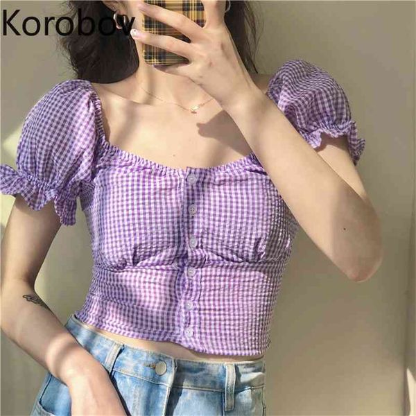 

korobov summer korean slim vintage women blouses new arrival square collar female shirts preppy style mujer blusas 210401, White