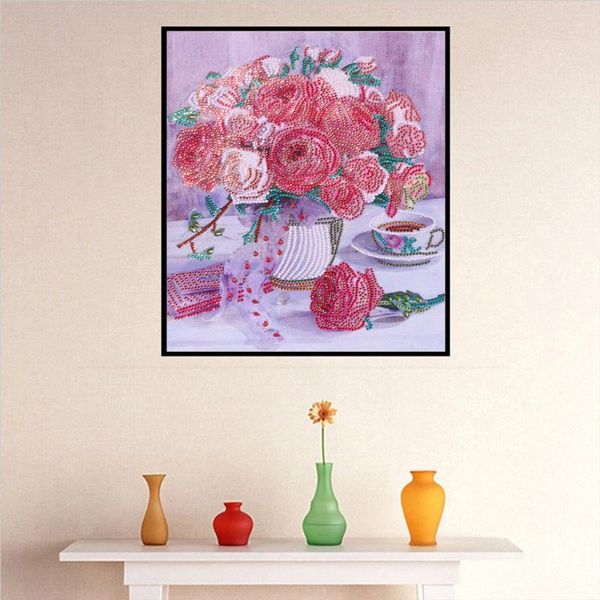 

diamond painting diy 5d special shaped red rose flowers round cross stitch kits pink vase wall sticker gift decoration
