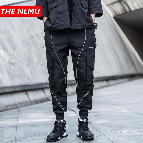 

hip cargo pants streetwear men harajuku reflective strip harem joggers 2021 casual tatical track trousers wq360 men's, Black