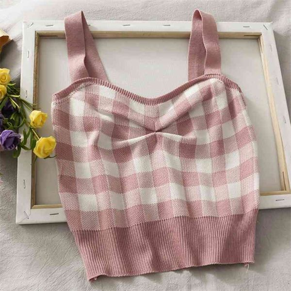 

korean sweet women knitted plaid crop female button up straps streetwear blue camisole cute for summer 210514, White