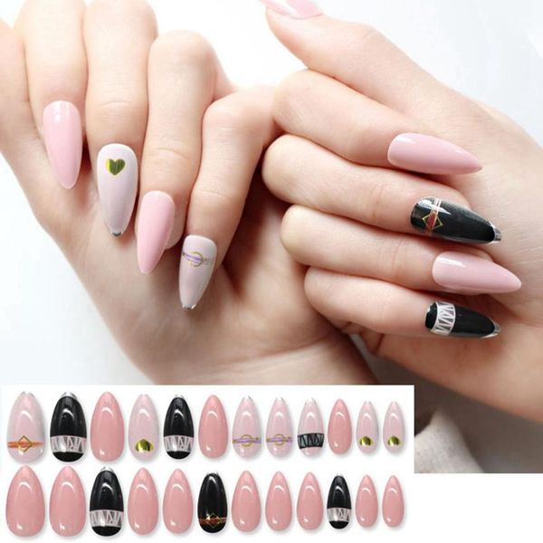 

false nails 24pcs/box detachable almond ballerina stiletto french fake full cover acrylic nail tips press on, Red;gold