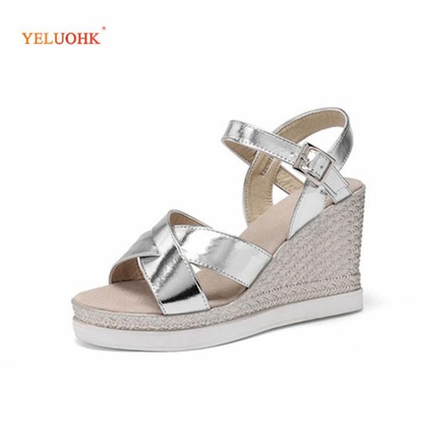 

33-43 wedges sandals women large size gold silver platform 2021 summer shoes, Black