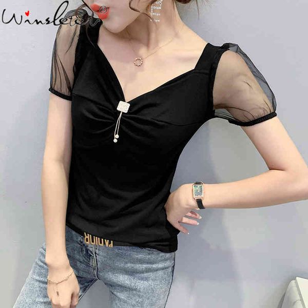 

women's t-shirt summer european clothes cotton pullover fashion v-neck knot patchwork mesh women short sleeve tees t1480, White