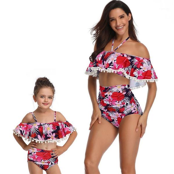 

swimsuit hanging neck women's mother and my tassel parent-child suit, Blue