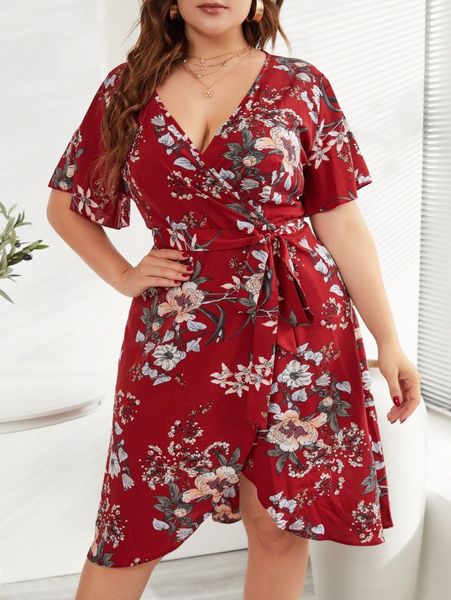 

plus floral print belted wrap dress v05v#, Black