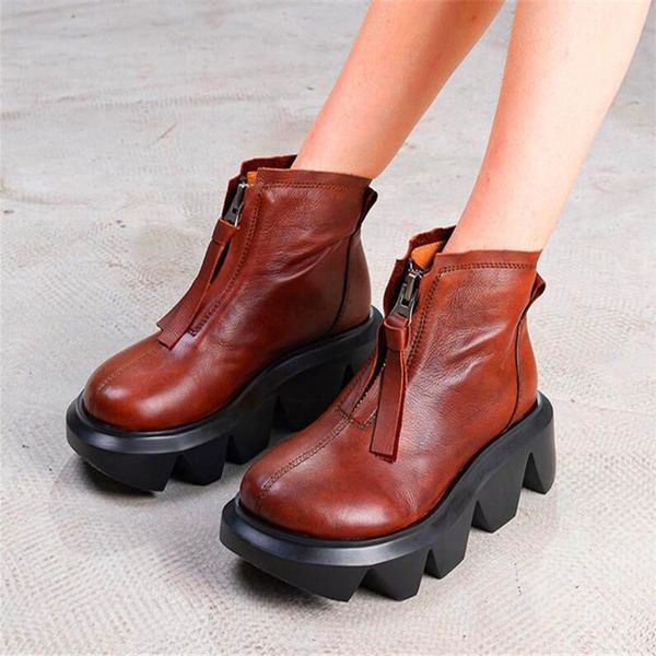 

boots vintage handmade ankle leather front zipper with platform women autumn and winter 2021, Black