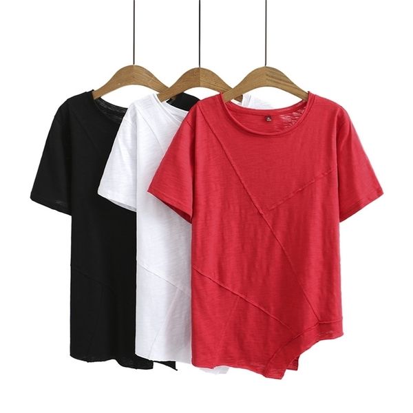 

summer t-shirt women clothes tees casual plus size short sleeve slub cotton asymmetrical hem camiseta mujer 211106, Black