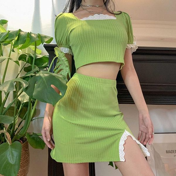 

ribbed lace two piece set women square collar short sleeve crop + elastic high waist skirts summer femele bodycon suits dress, White