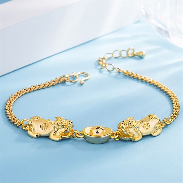 

24k gold plate money ingot pixiu charm bracelets njgb029 fashion gift yellow gold plated bracelet, Golden;silver