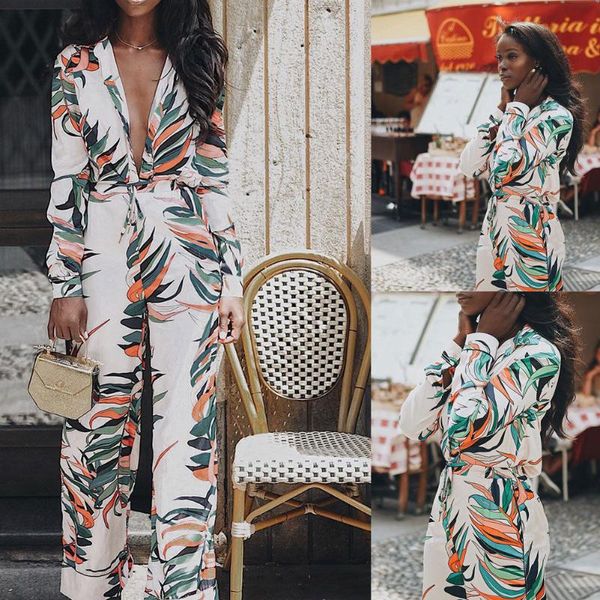 

women's jumpsuits & rompers women print deep v neck strap slim long sleeve bodycon jumpsuit romper trousers clubwear clothes, Black;white