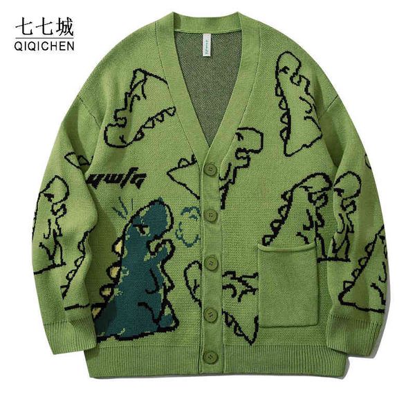 

hip hop knitted sweater 2021 doodle dinosaur harajuku oversize streetwear loose cardigan pullover men women coat, Black