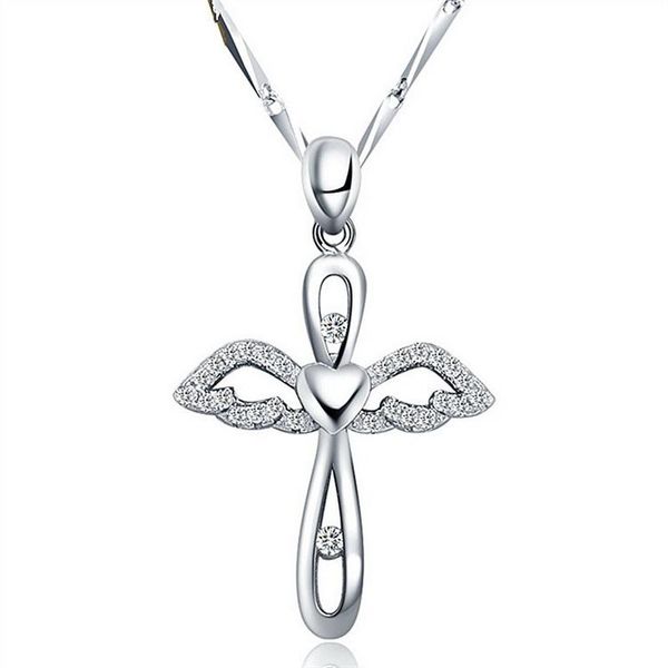 Collana con ciondolo croce ali d'angelo color argento per donna Collana girocollo con zirconi AAA eleganti regalo di gioielli di fidanzamento