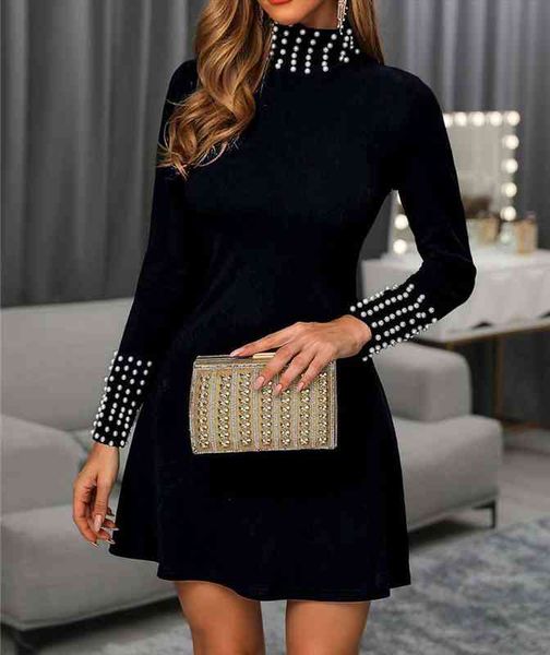 

ladies dress party runway black mini dress high neck long sleeve ruffle beaded, Black;gray
