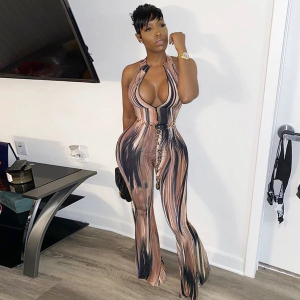

sleeveless off shoulder print zip up jumpsuit rompers v-neck flared long pants bell bottoms summer jumpsuit 2020, Black;white