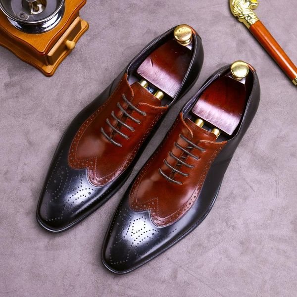 

men's business casual leather shoes men fashion personality genuine flats british brogue carved dress, Black