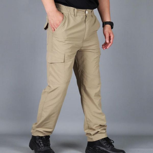 

men's pants men solid color tactical cargo overalls multi pockets breathable elastic waist camping workwear m-4xl, Black