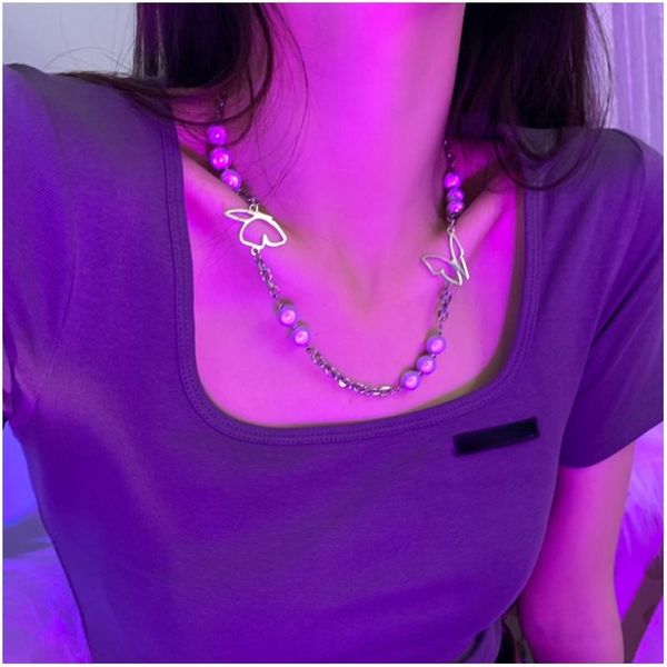 

chains modern jewelry butterfly pendant necklace 2021 design shiny simulated pearl chain for girl fine accessories, Silver