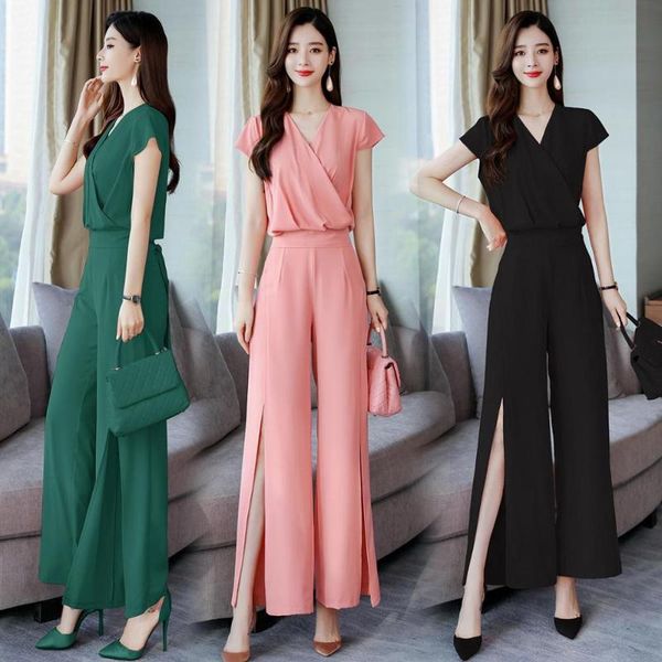 

women's tracksuits summer women 2 two piece set 2021 short sleeve blouse shirt and split pants trousers, Gray