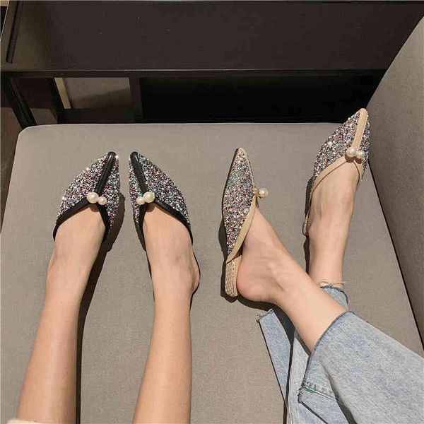 

slippers fashion women sandals summer pointed toe outdoor rivet rhinestone slides black/silver elegant flats casual mules shoes p0