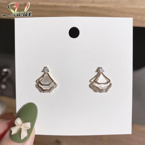 

stud geometric fan earrings women zircon natural shell white charm exquisite pendant trendy jewelry s925 pins, Golden;silver