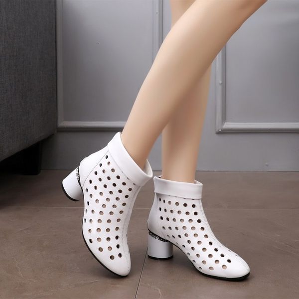 

couro vaca oco net vero feminino curto tornozelo botas de salto mdio saltos redondos branco preto ankle boots genuno, Black