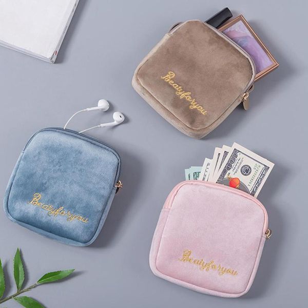 

storage bags plush embroidery women cosmetics sanitary purse bag pouch container cute, portable,