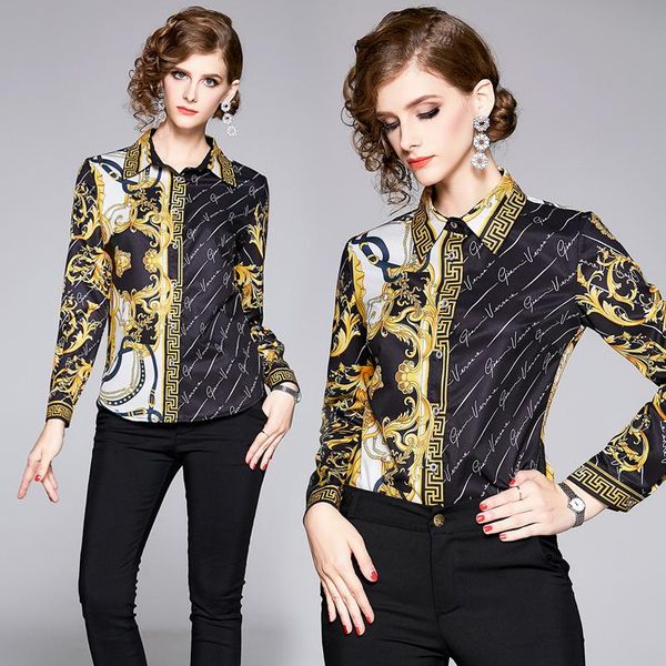 

women's blouses & shirts 2021 fashion blouse printed stand collar europe long sleeve ladies ol work wear blusas office t40, White