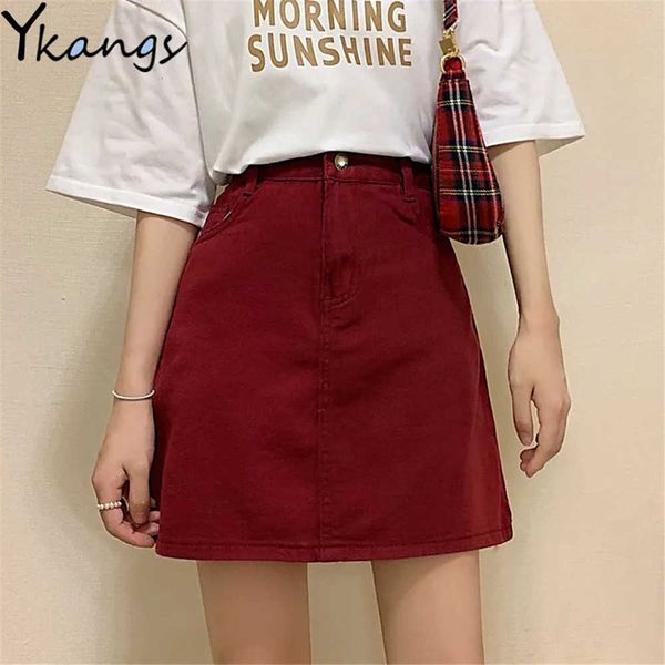 

vintage wine red denim mini skirts high-waist solid a-line korean-style elegant hip skirt women all-match slim fashion summer 210619, Black