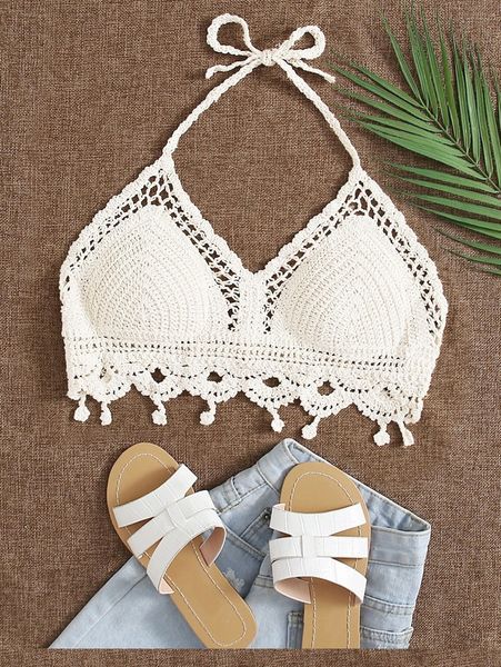 

scallop trim knot halter bikini e5tw#, White;black