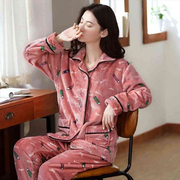 

warm flannel pajamas set womens sleepwears thick coral velvet long sleeve pyjamas sets nightgown pijama suit mujer female homewear, Black;red
