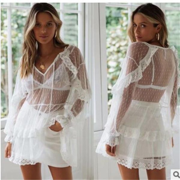 

women sheer bikini cover up flare sleeve black white swimwear swim bathing suit summer loose blouse beach shirt mini dress women's, White;black