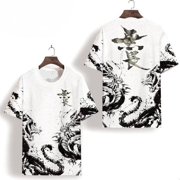 

men's t-shirts white short-sleeved round neck printed t-shirt tide brand 2021 large size chinese style dragon pattern summer soft top, White;black