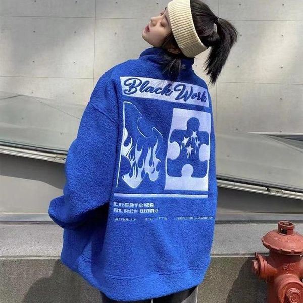 

women's jackets autumn and winter street lamb velvet stand-up collar jacket men women hip-hop loose oversize couple cotton clothing tid, Black;brown