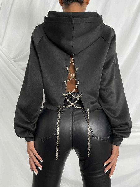 

raglan sleeve chain crisscross back hoodie p358#, White;black