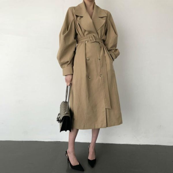 

women's trench coats 2021 fashion solid color long over knee loose windbreaker double breasted belt lapel elegant office lady, Tan;black