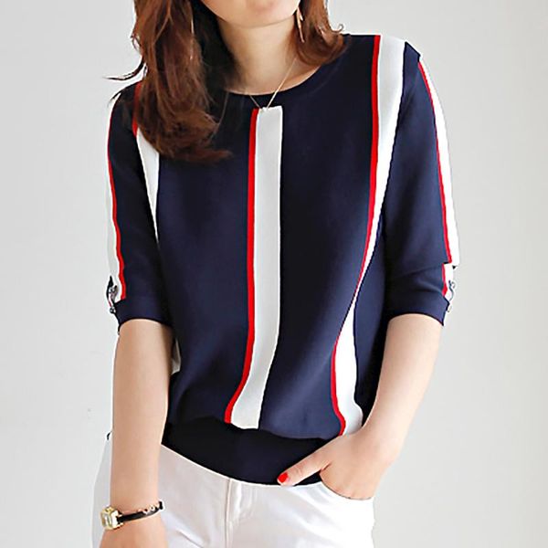 

women's t-shirt vertical striped knitted t shirt women korean loose o-neck short sleeve casual woman clothes patchwork thin tshirts sum, White