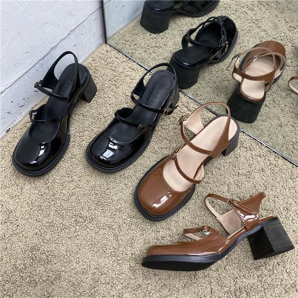 

japanese style college student shoes high heels retro mary jane female 2021 summer thick bottom back strap baotou sandals dress, Black