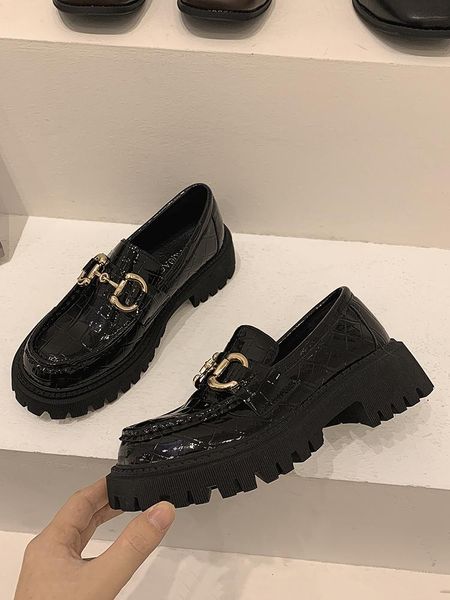 

dress shoes women's leather 2021 spring fashion casual round toe metal buckle thick bottom non-slip loafers, Black