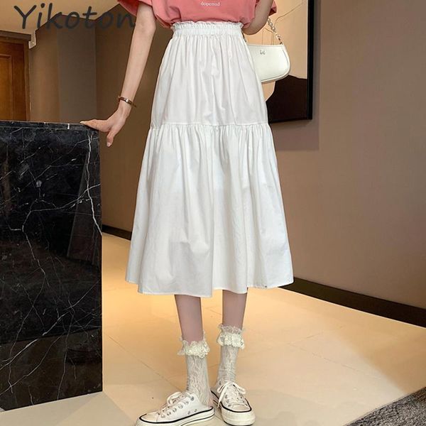

skirts midi long skirt women fashion 2021 summer casual simple solid black white a line high waist female sweet korean style