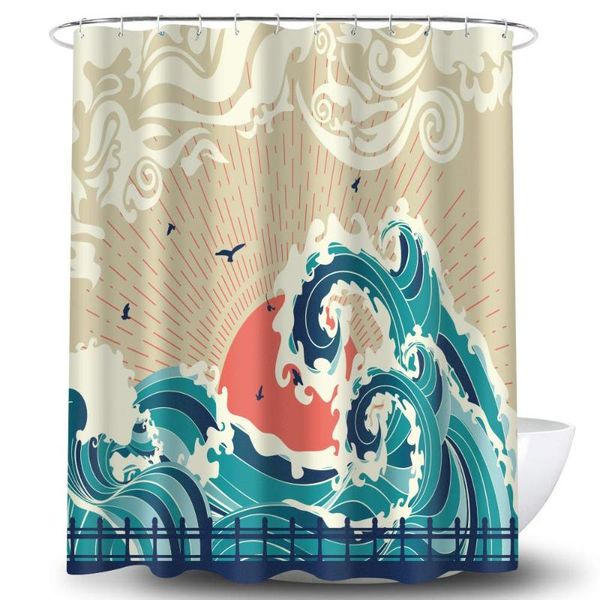 

retro big great wave shower curtain japanese kanagawa waves spray ocean mew bird sun cloud fence vintage sea nature landscape curtains